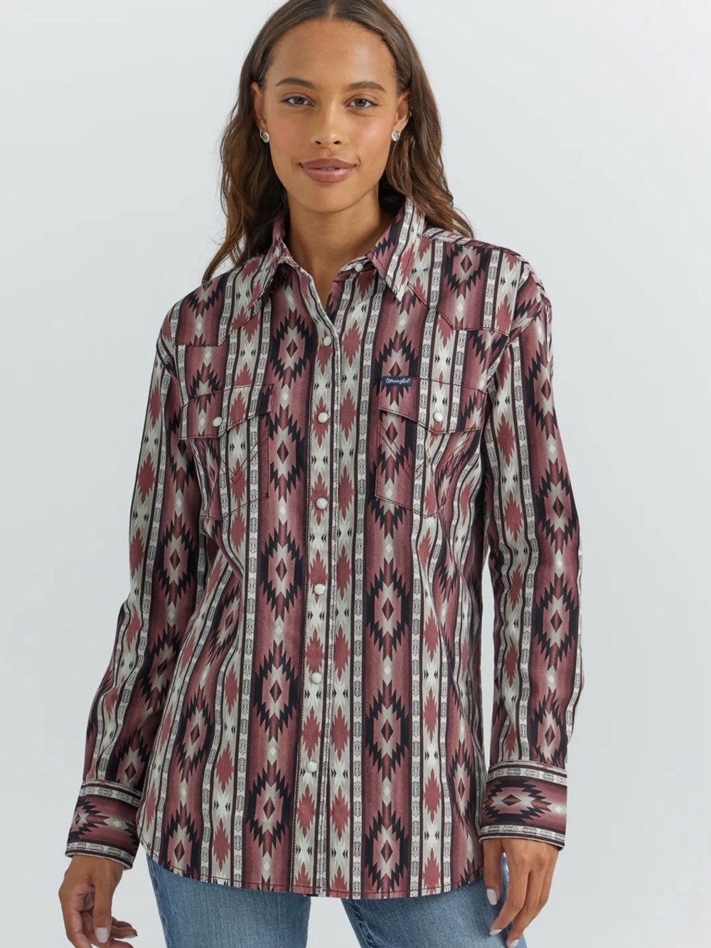 Western Snap Front Shirt - Mauve, Black & Cream size M